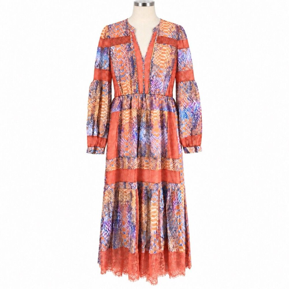Hale Bob Women’s S Orange Purple Snake Print Lace Trim Tiered Maxi Dress